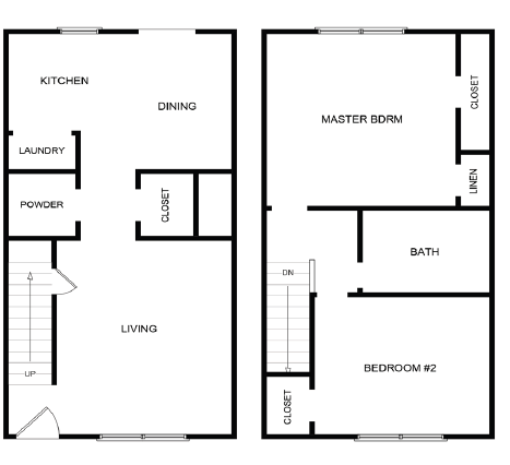 Floor plan for 2 beds, 1.5 baths, 985 sqft